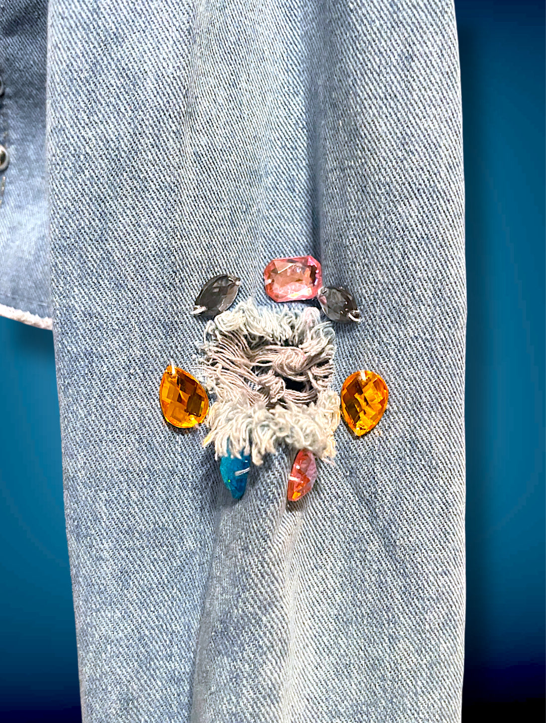 Vintage 1980’s Rainbow Jewel Crystal Stone Encrusted & Metal Rivet Crop Distressed Jean Jacket