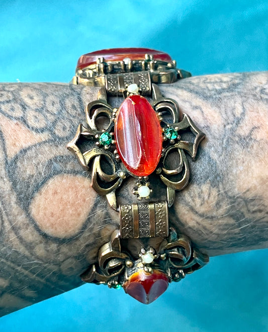 Brass Booklink Red-Orange Faux Amber, Green Crystal & Pearl Panel Link Bracelet
