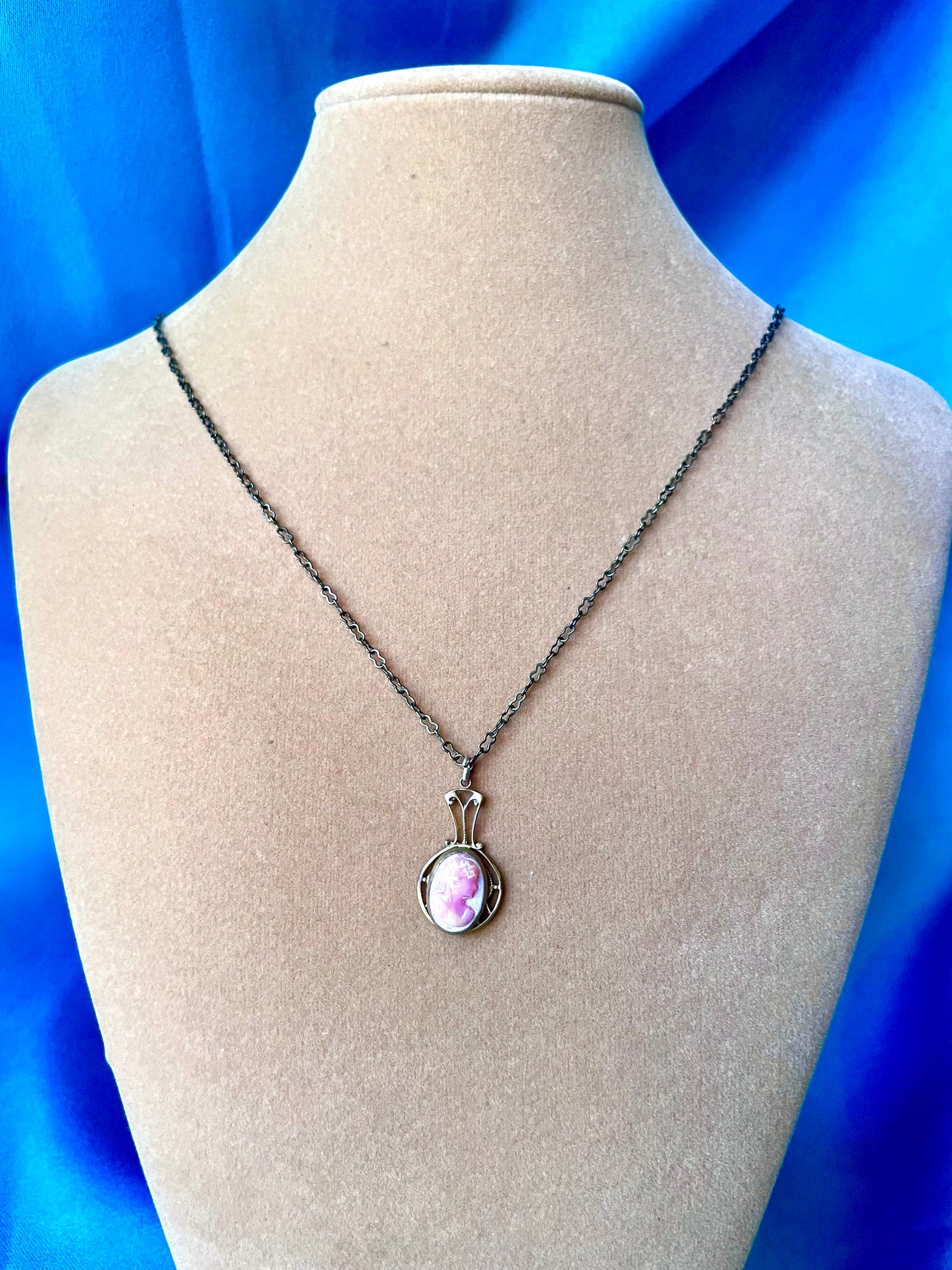Delicate Pink & White Art Glass Cameo in Brass Art Nouveau Setting Necklace