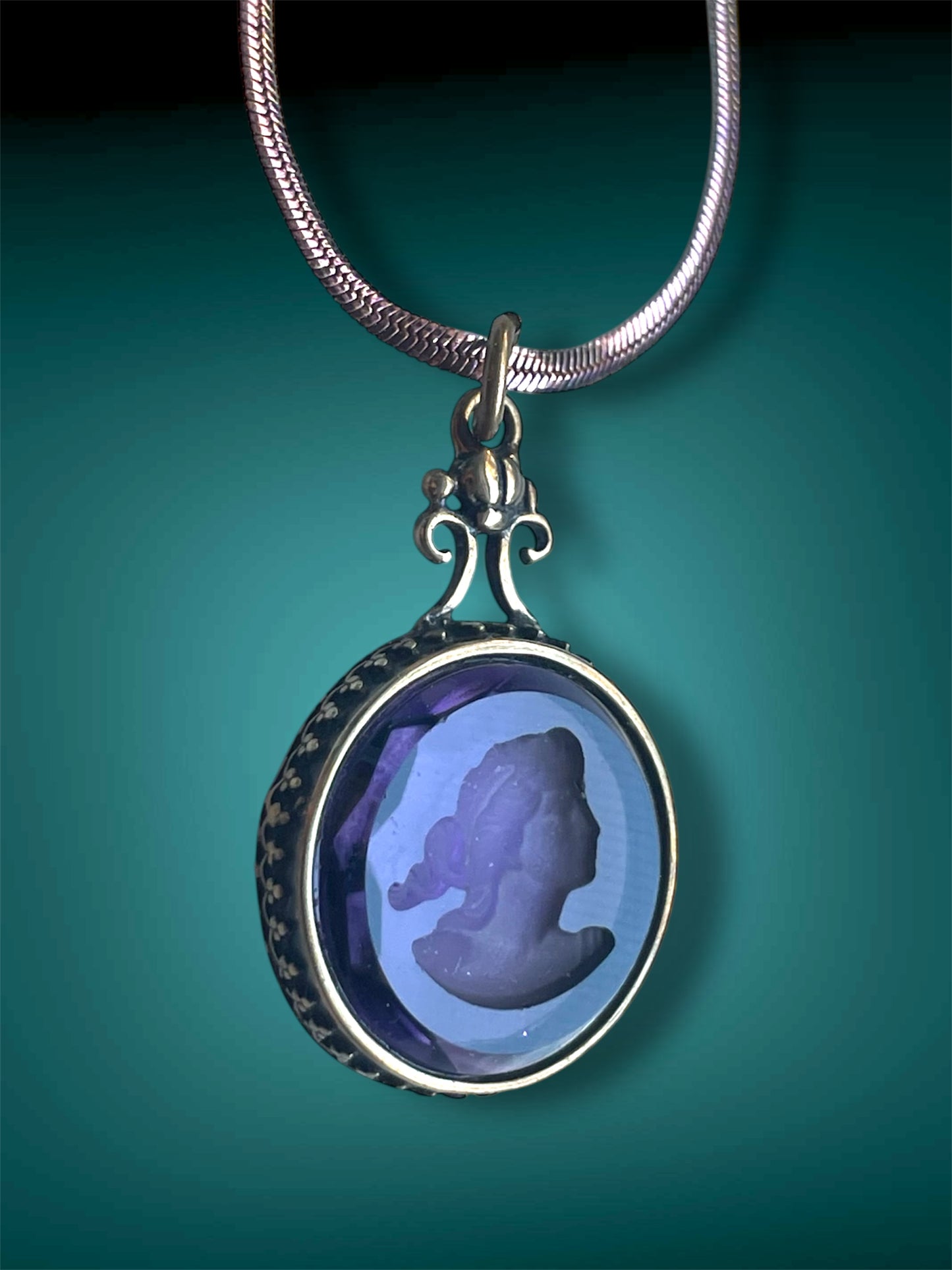 Art Nouveau Brass Scarab Set Purple Faceted Glass Intaglio Cameo Pendant Necklace