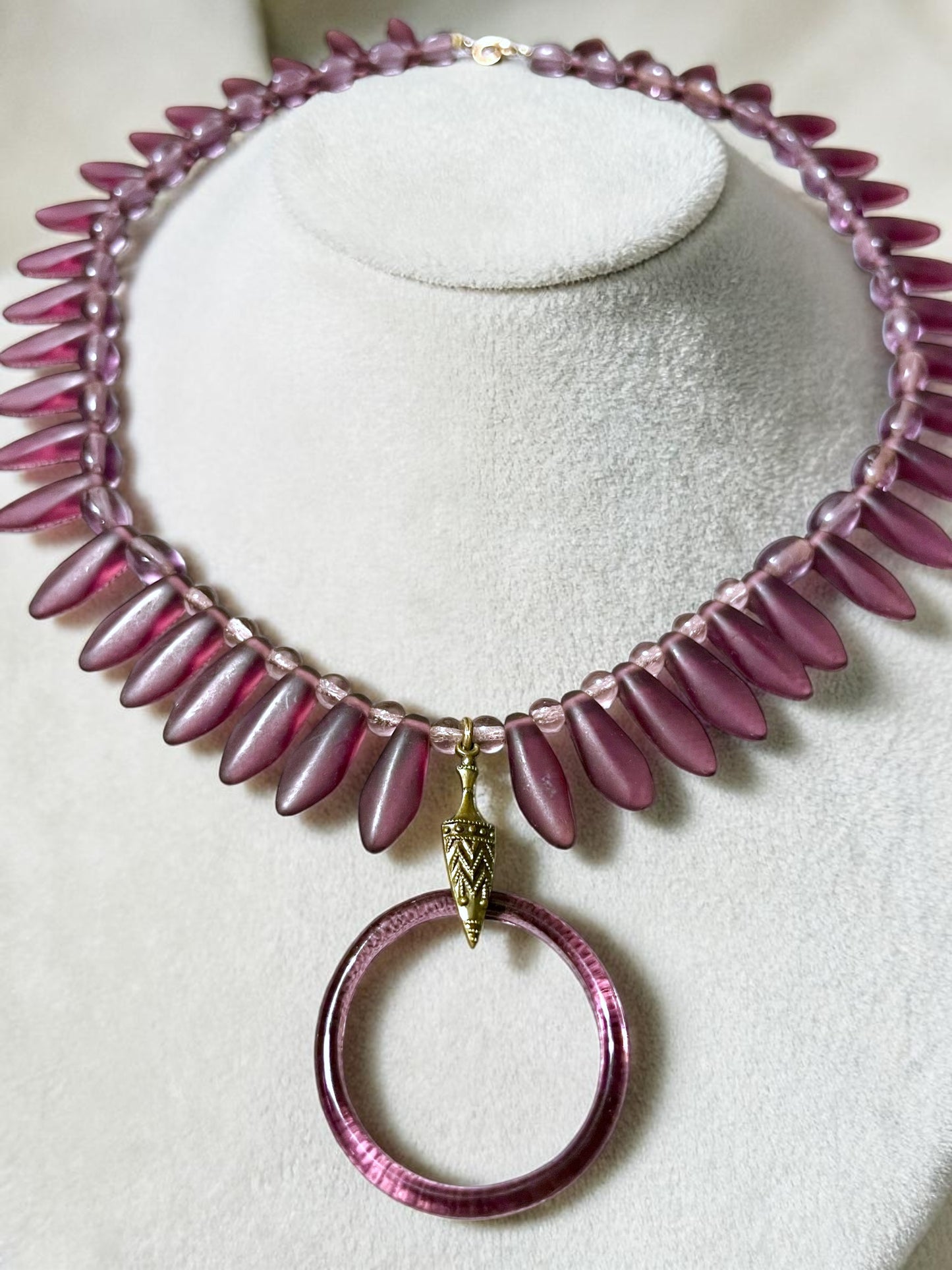 Art Deco Czech Purple Art Glass Vauxhall Ring Embossed Brass Setting Necklace