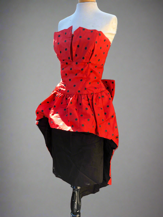 Vintage 1980s Red & Black Polka dot strapless high low peplum pencil skirt big bow on back