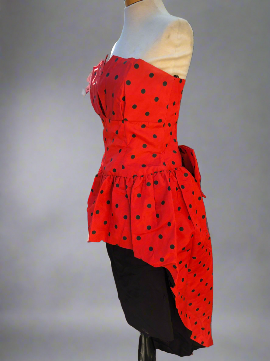 Vintage 1980s Red & Black Polka dot strapless high low peplum pencil skirt big bow on back