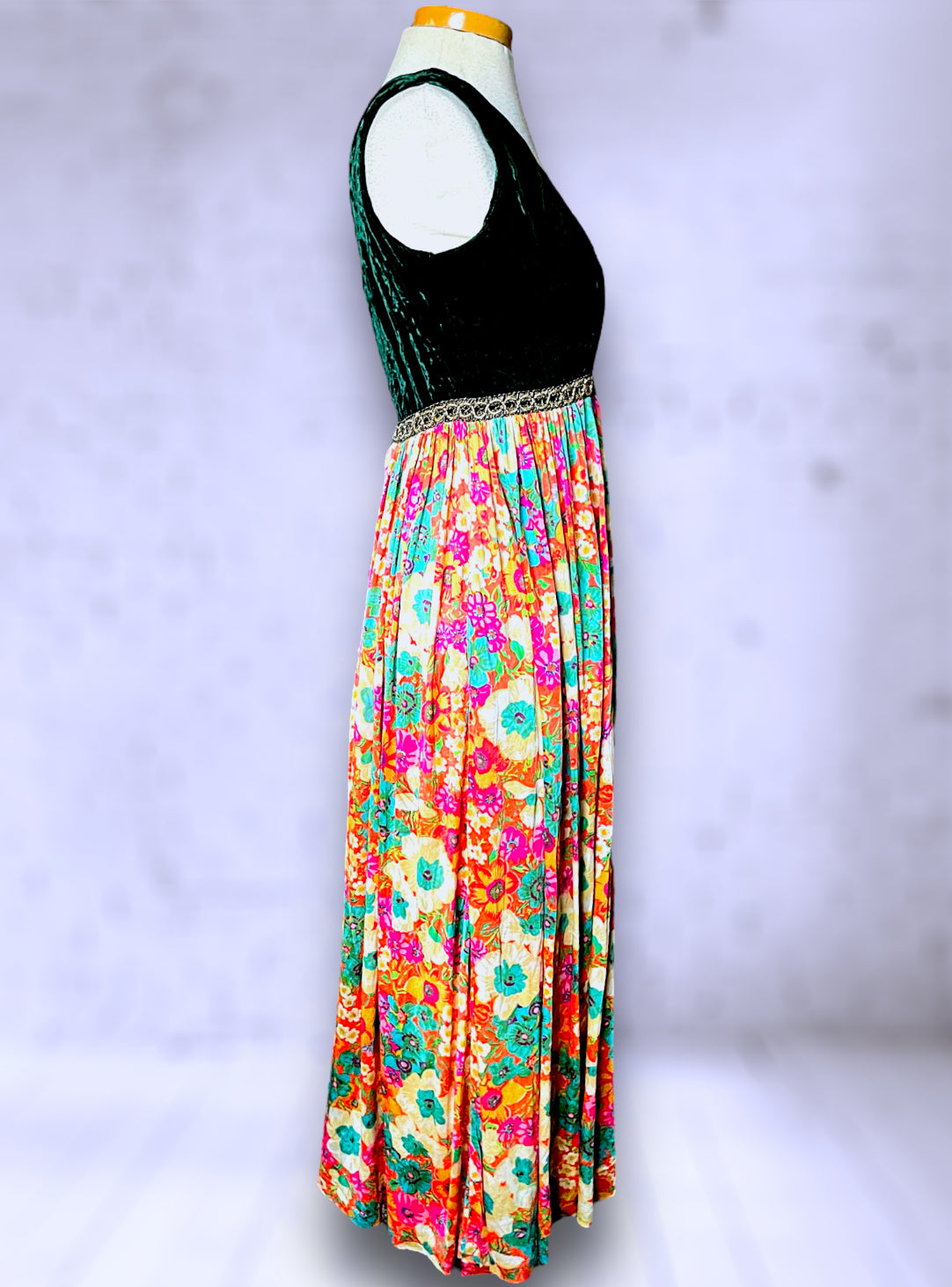 1960’s Vintage Green Velvet & Rainbow Floral Palazzo Pant Jumpsuit