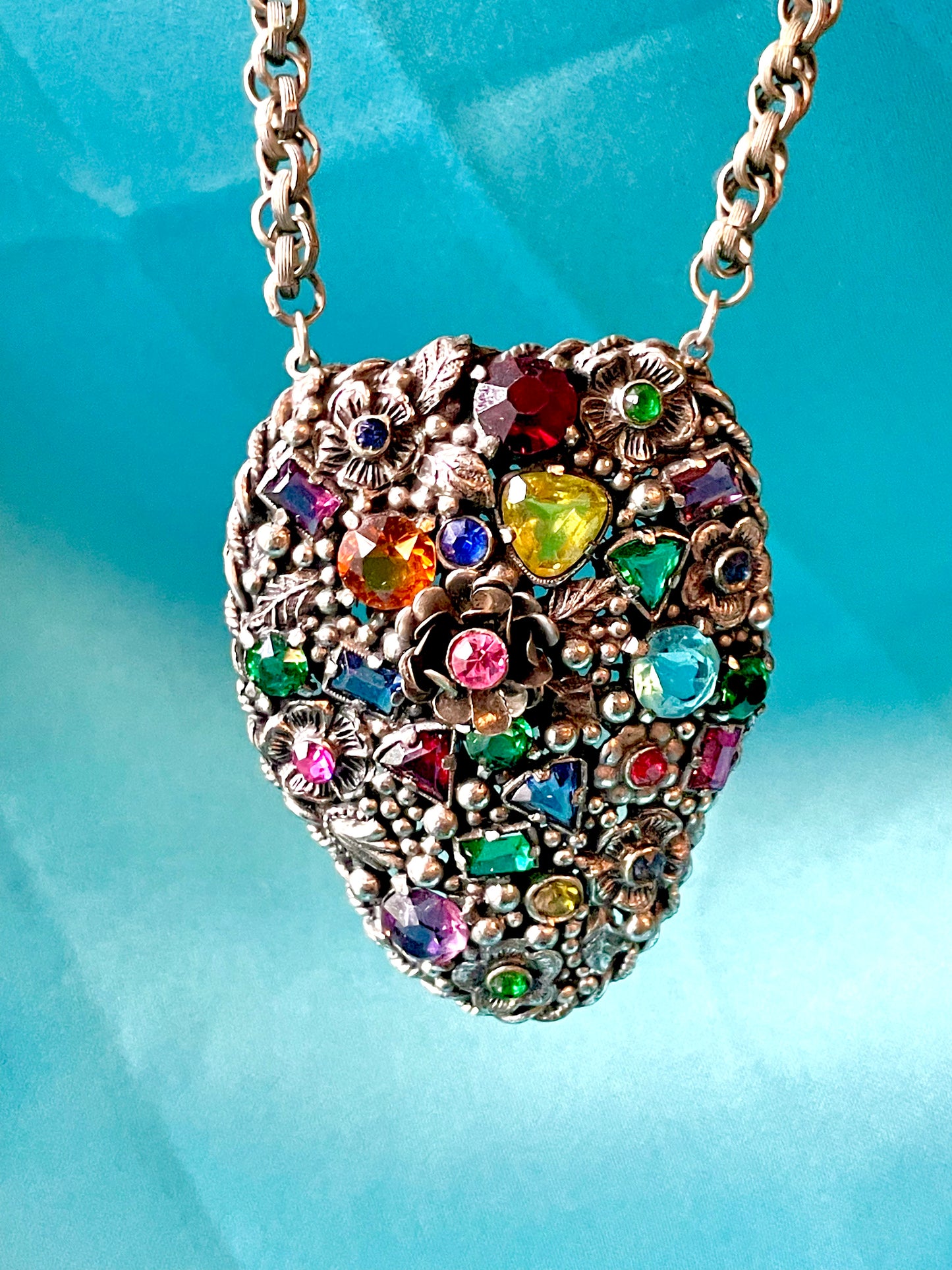 Incredible Fruit Salad Multicolor Rainbow Crystal Floral Art Nouveau Pendant Necklace