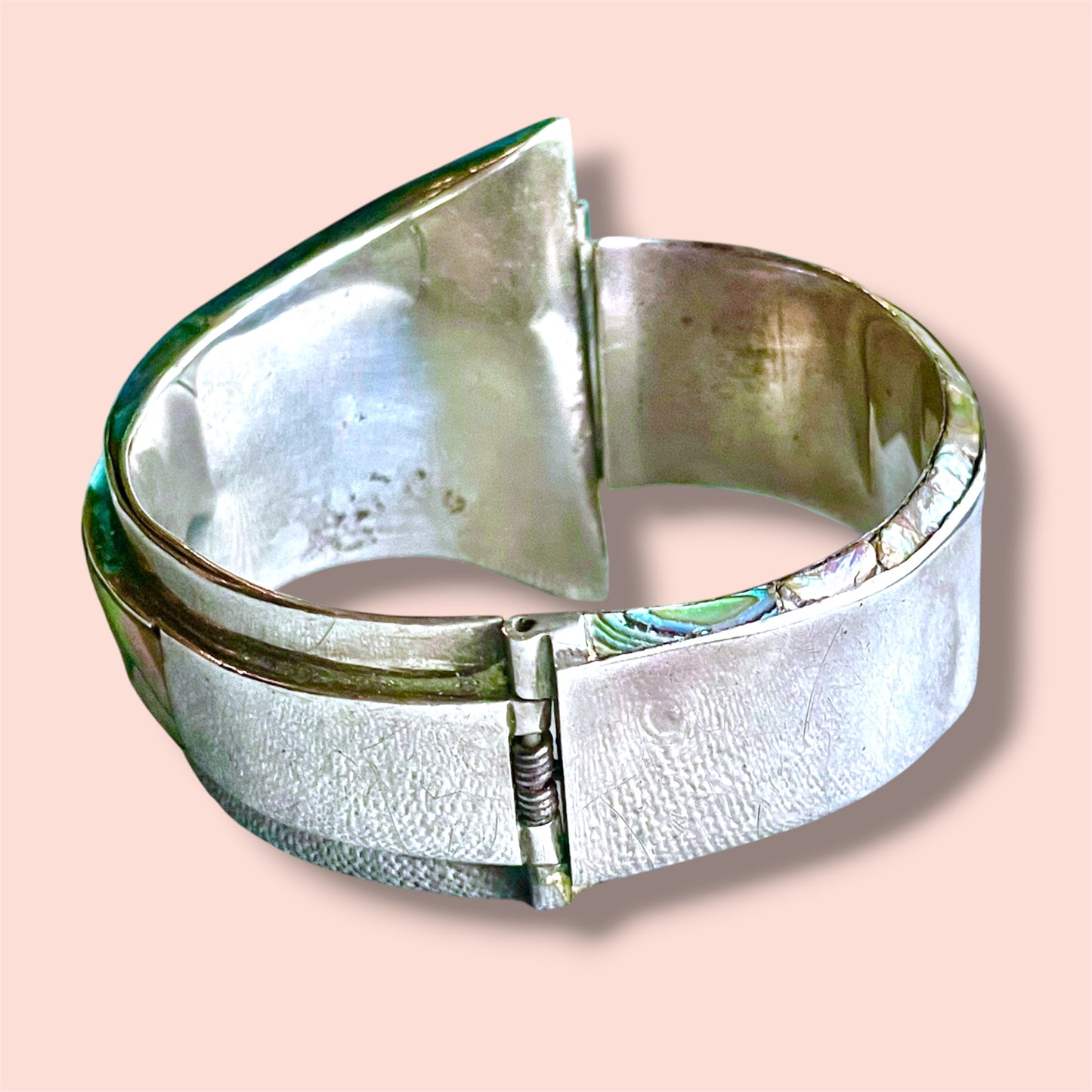 Taxco Sterling Ailver 925 Villisana Designer Abalone Hinged Clamper Bangle Bracelet