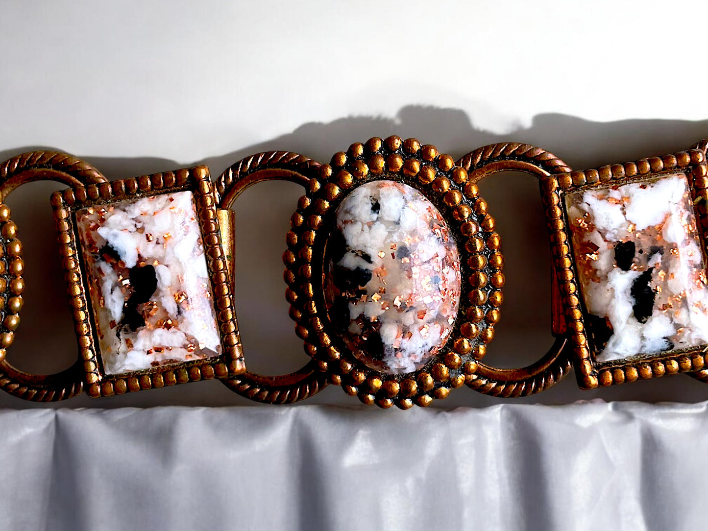 1960’s Copper Link Marble Confetti Foil Art Glass Chunky Bracelet