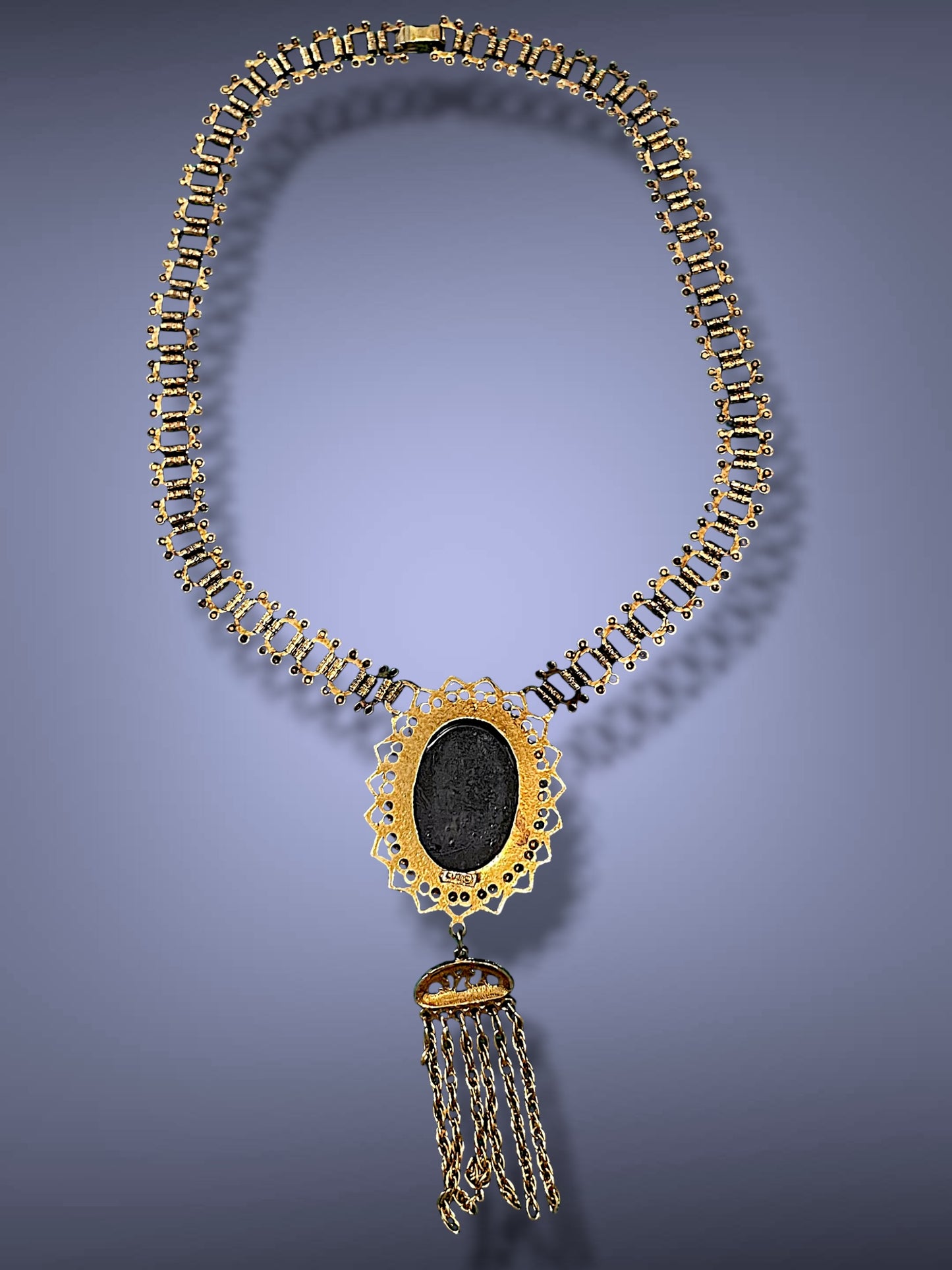 Victorian Gold Book Link Chain Black & Cream Mourning Cameo Designer Signed Necklace