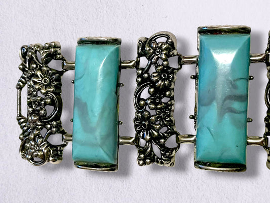 Mid Century Modern Chunky Silver Flower & Thermoset Faux Turquoise Panel Bracelet