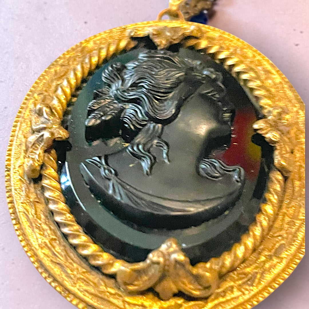 Victorian Gothic Black Art Glass Mourning Cameo Prong Set Pendant Necklace