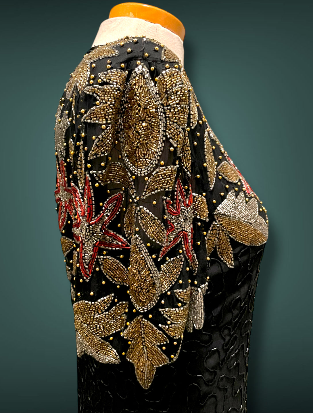 Vintage 1980’s Silk NYE Gold Silver Red & Black Glass Bead Short Dress