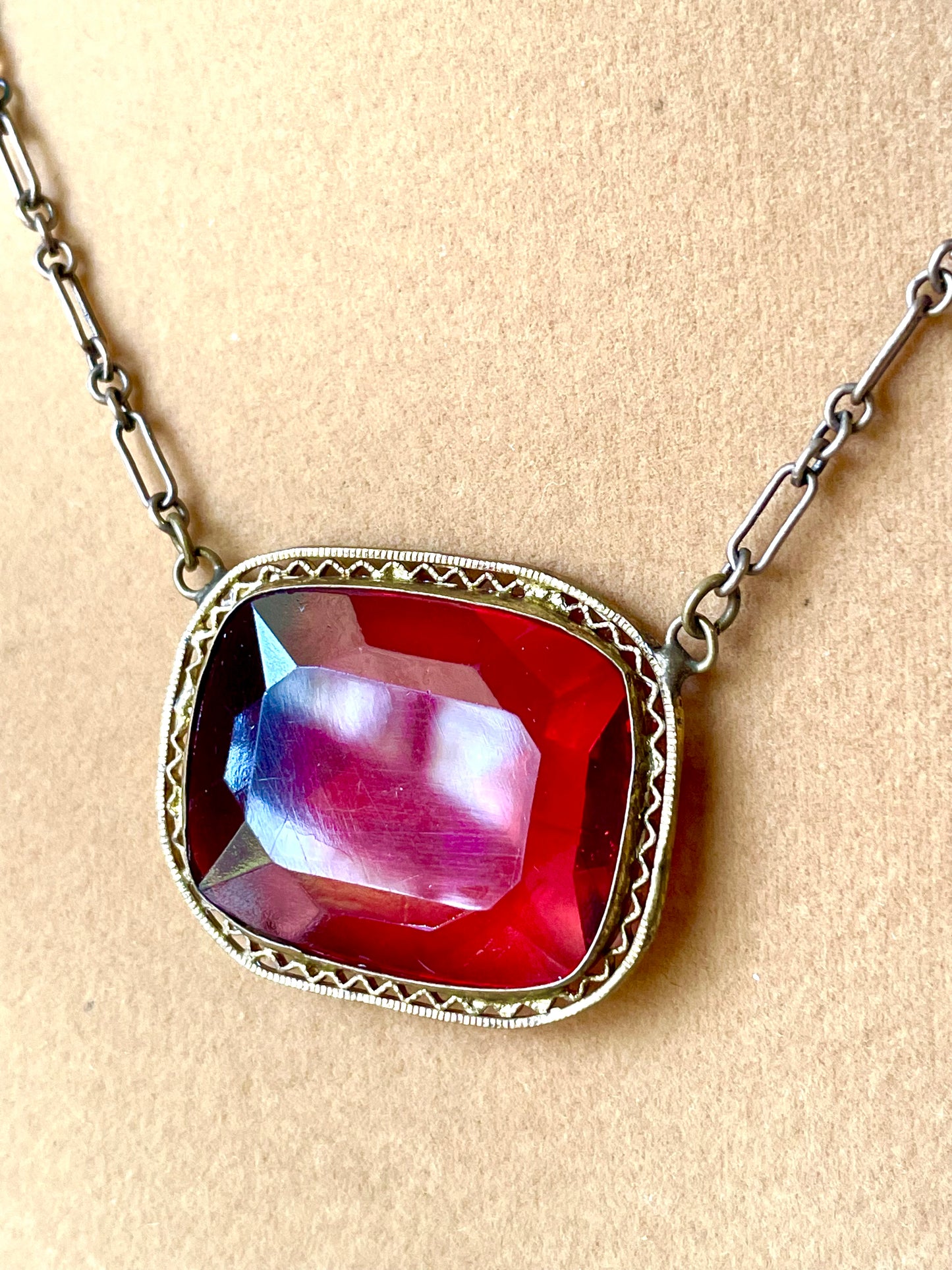 Art Deco Czech Brass Filigree Ruby Red Crystal Choker Necklace