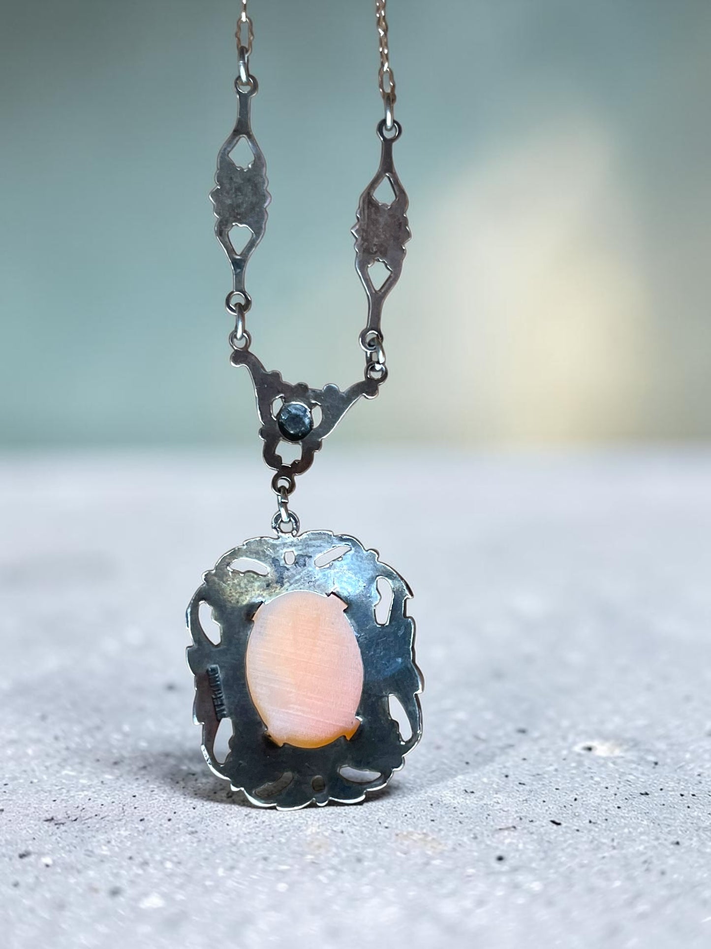 Victorian Sterling Silver & Marcasite Hand Carved Shell Cameo Necklace