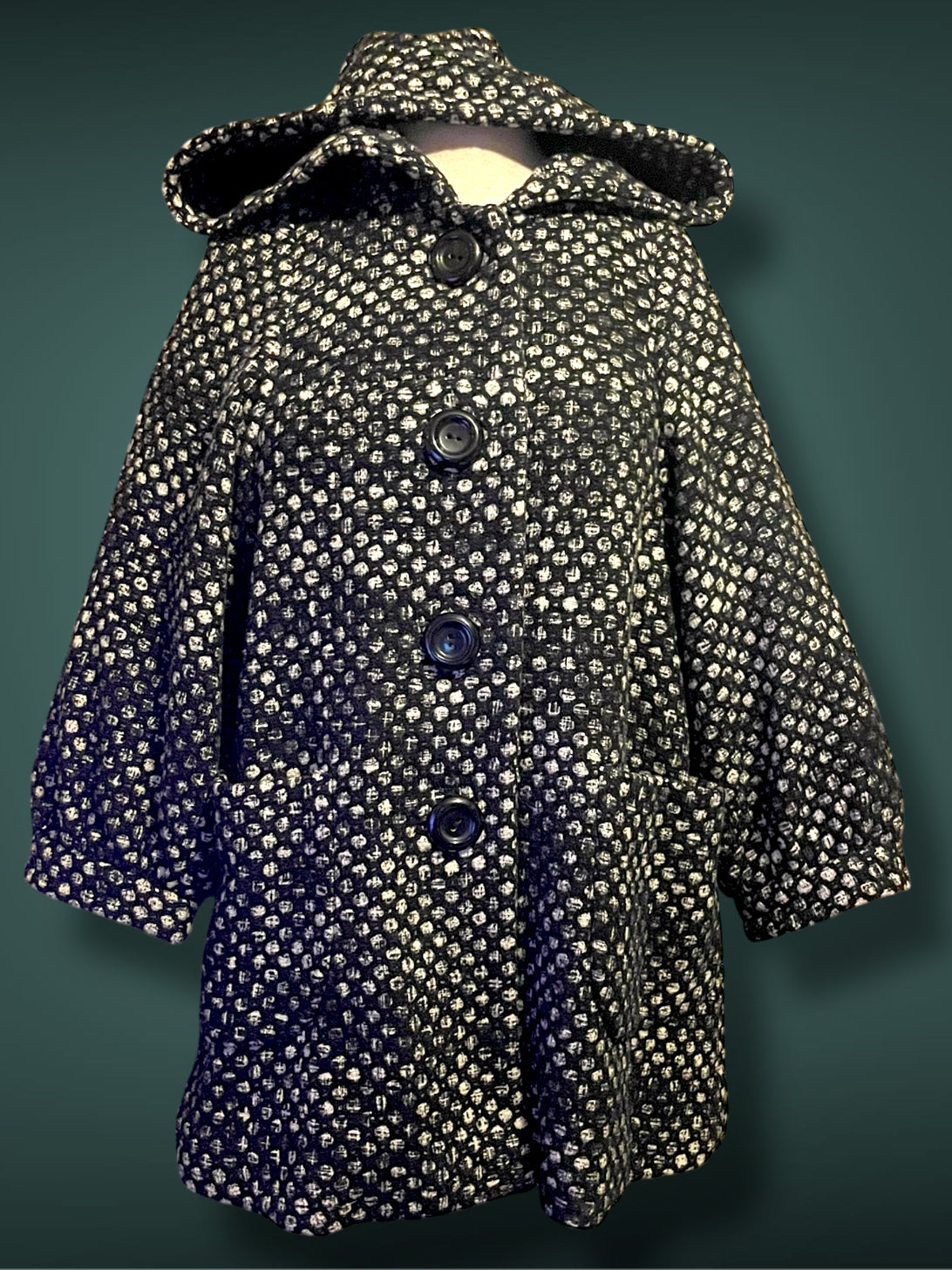 Vintage Mod Wool Black & White Polkadot A Line Jacket with Hood, & Pockets