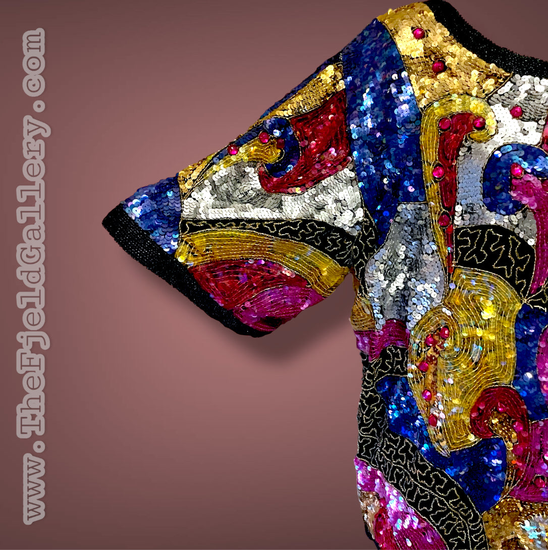 1970’s 100% Silk Sequin, Glass Seed Bead & Rhinestone Abstract Rainbow Top