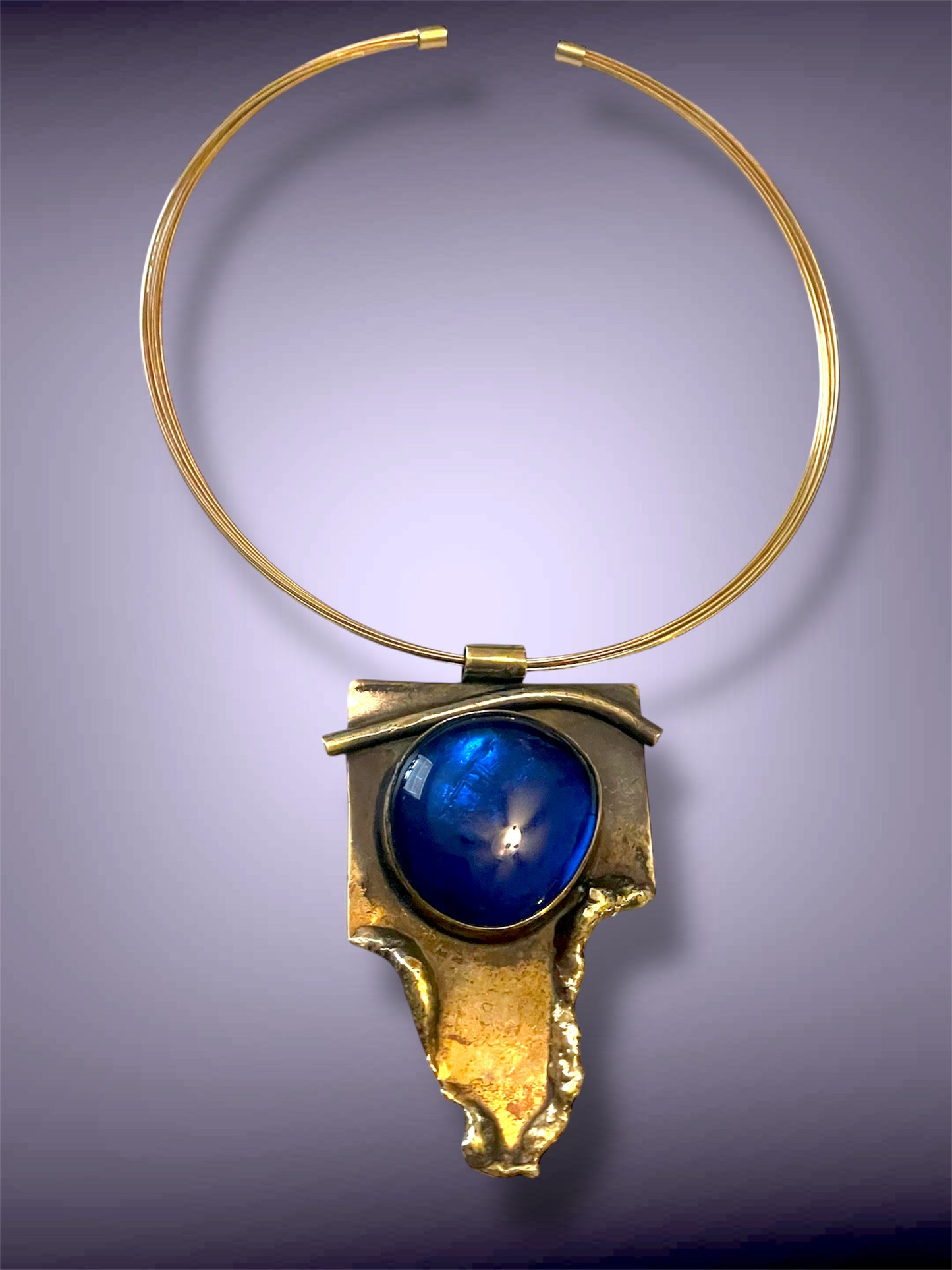 Antique Brass Brutalist Sapphire Blue Foil Art Glass Choker Necklace