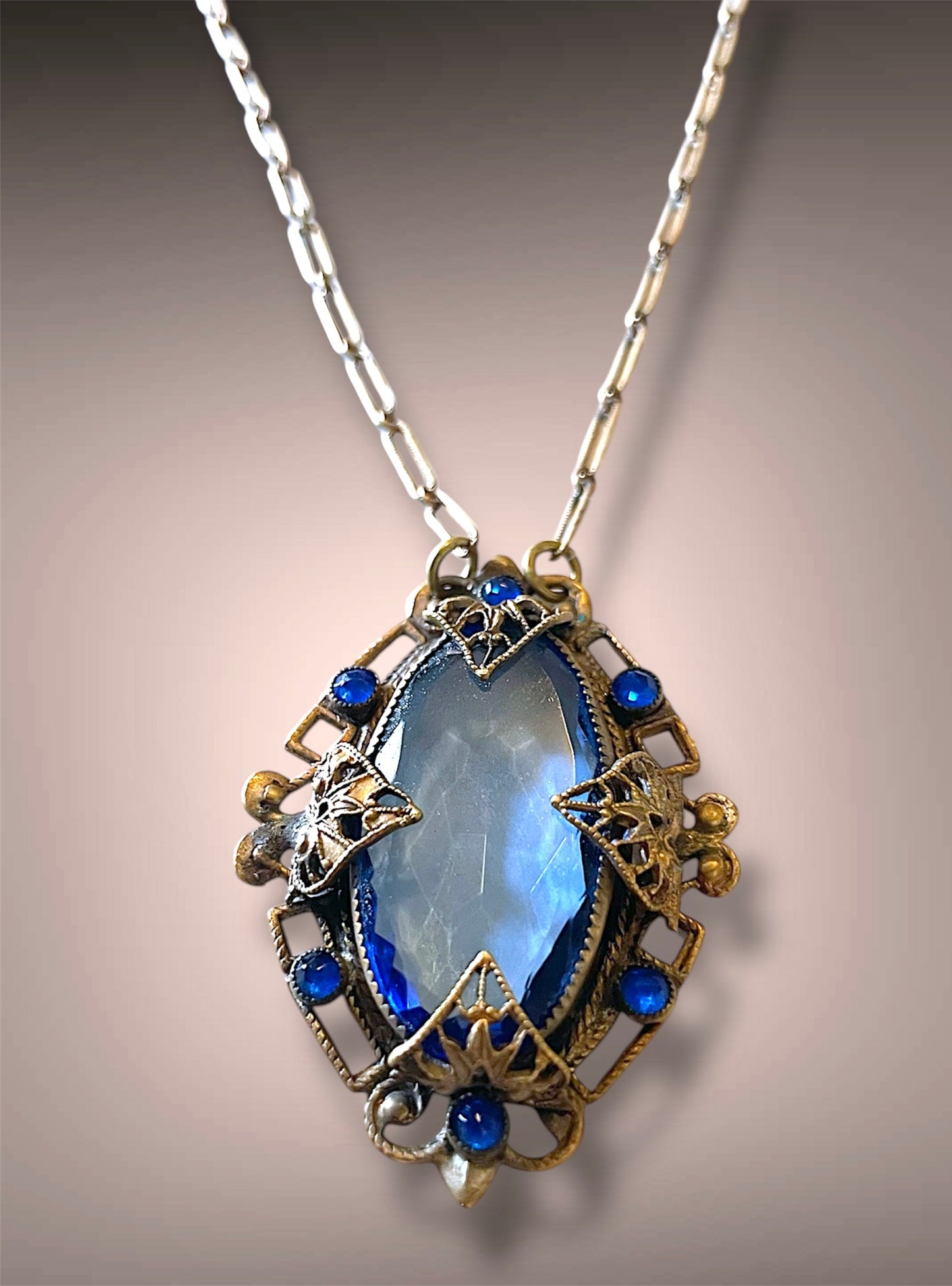 Art Nouveau Czech Brass Blue Art Glass & Saphire Chrystal Filigree Floral Stamped Necklace