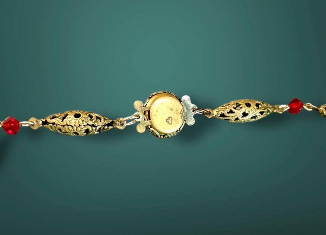 Vintage Art Nouveau Czech Ruby Red Crystal Brass Filigree Y Lavaliere Necklace