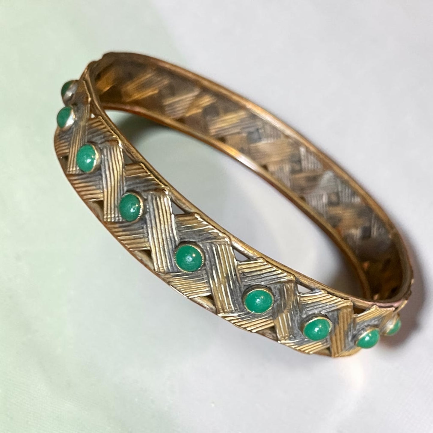 Edwardian Chrysoprase Gemstone Brass Bangle Bracelet