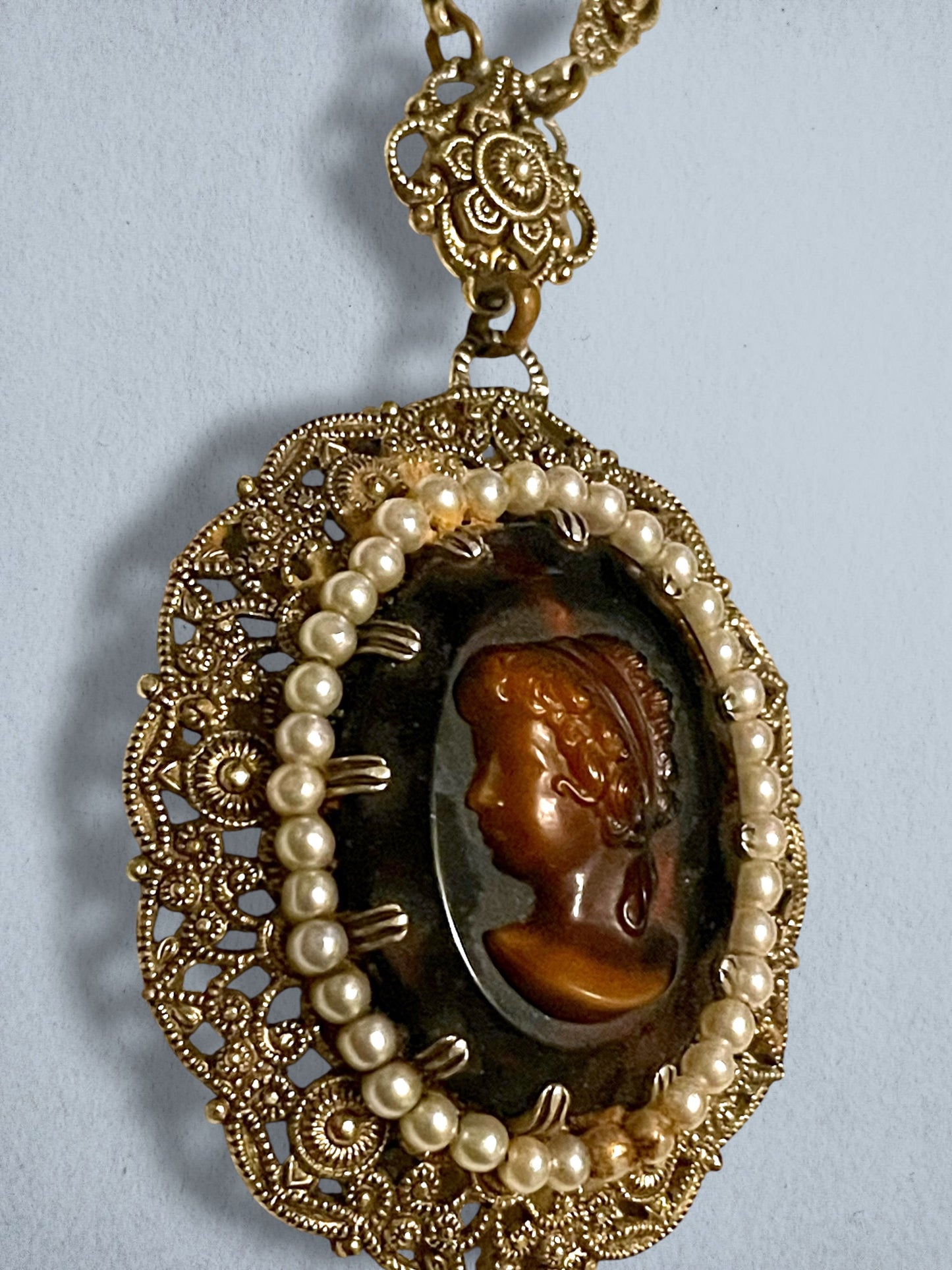 West German Amber Art Glass Cameo, Pearl Brass Filigree Necklace