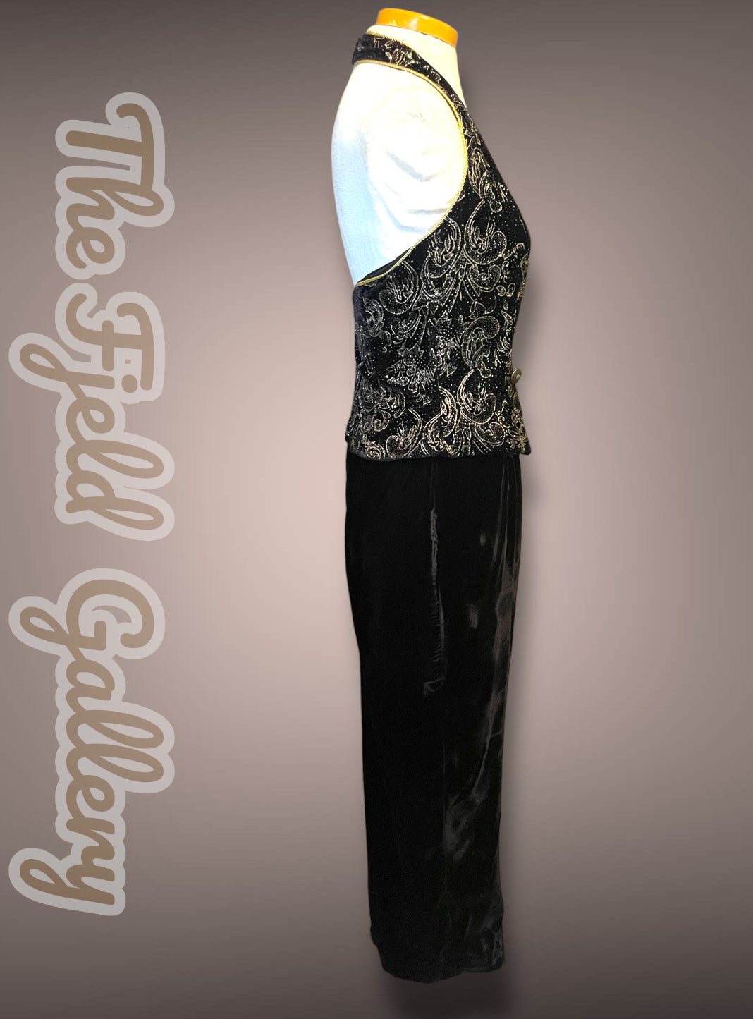 Vintage 1990’s Scott McLintock Black Velvet Maxi Pencil Halter Dress with Gold Glitter Damask Pattern