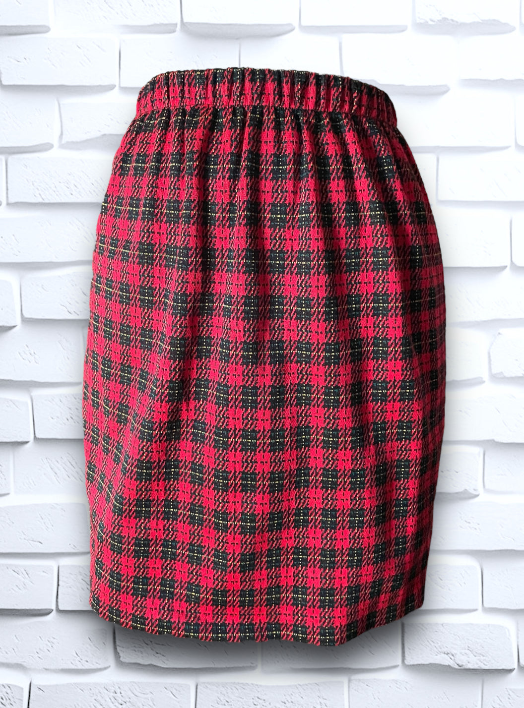 Vintage Red, Black & Yellow Plaid Skirt Suit with Black Velvet Detailing