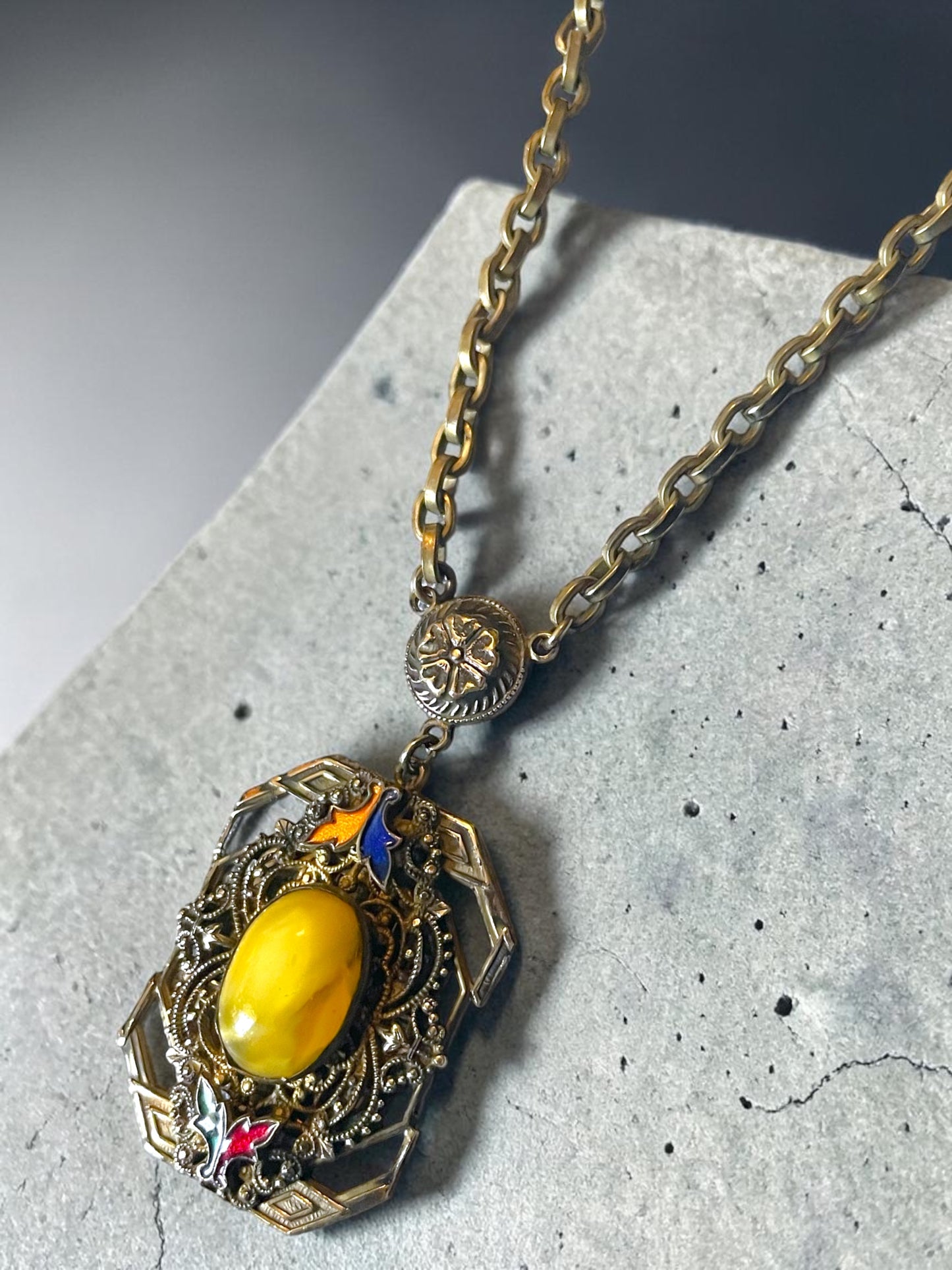Art Nouveau Czech Brass Filigree Yellow Marbled Art Glass & Guilloché Necklace