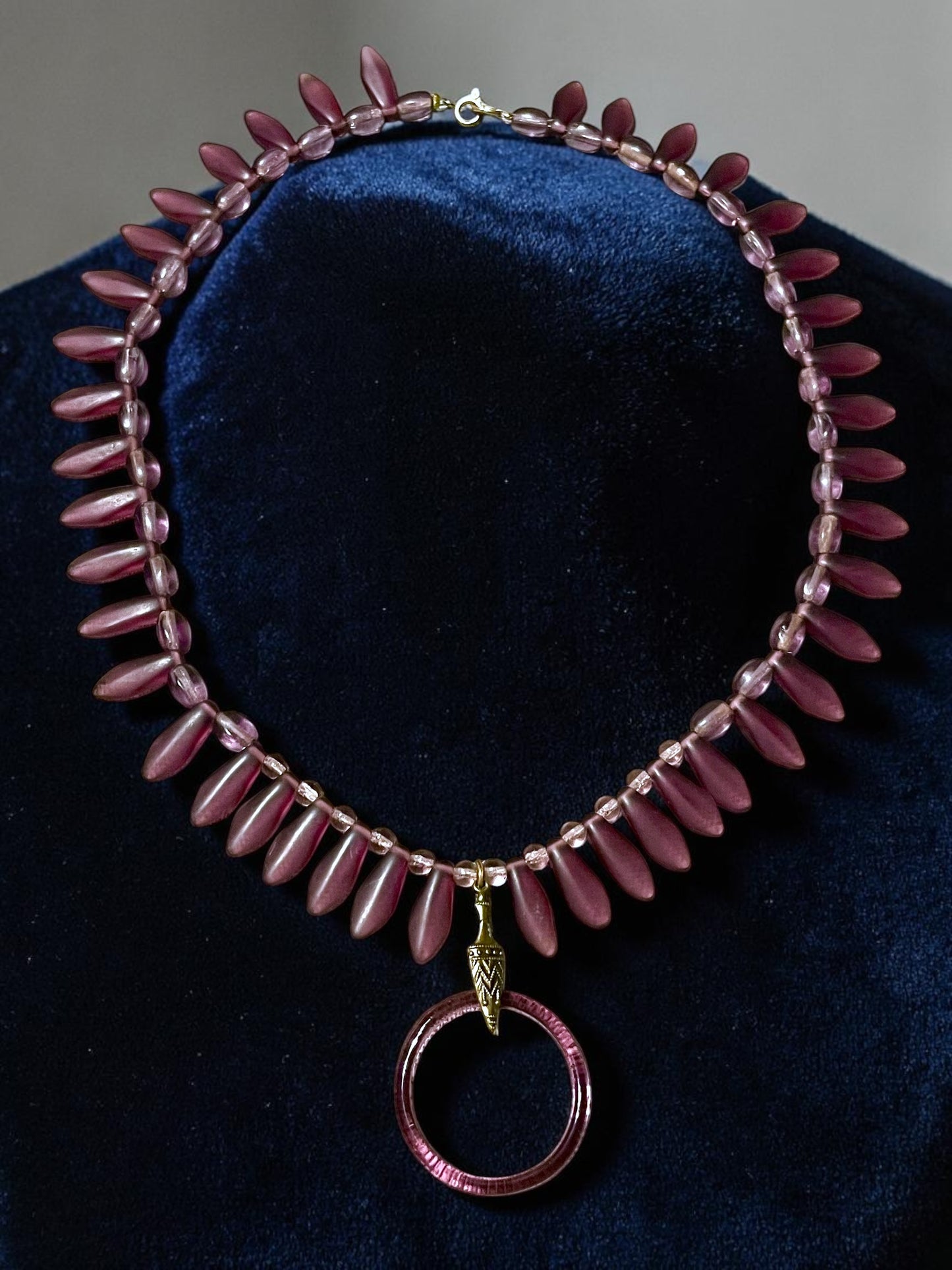 Art Deco Czech Purple Art Glass Vauxhall Ring Embossed Brass Setting Necklace