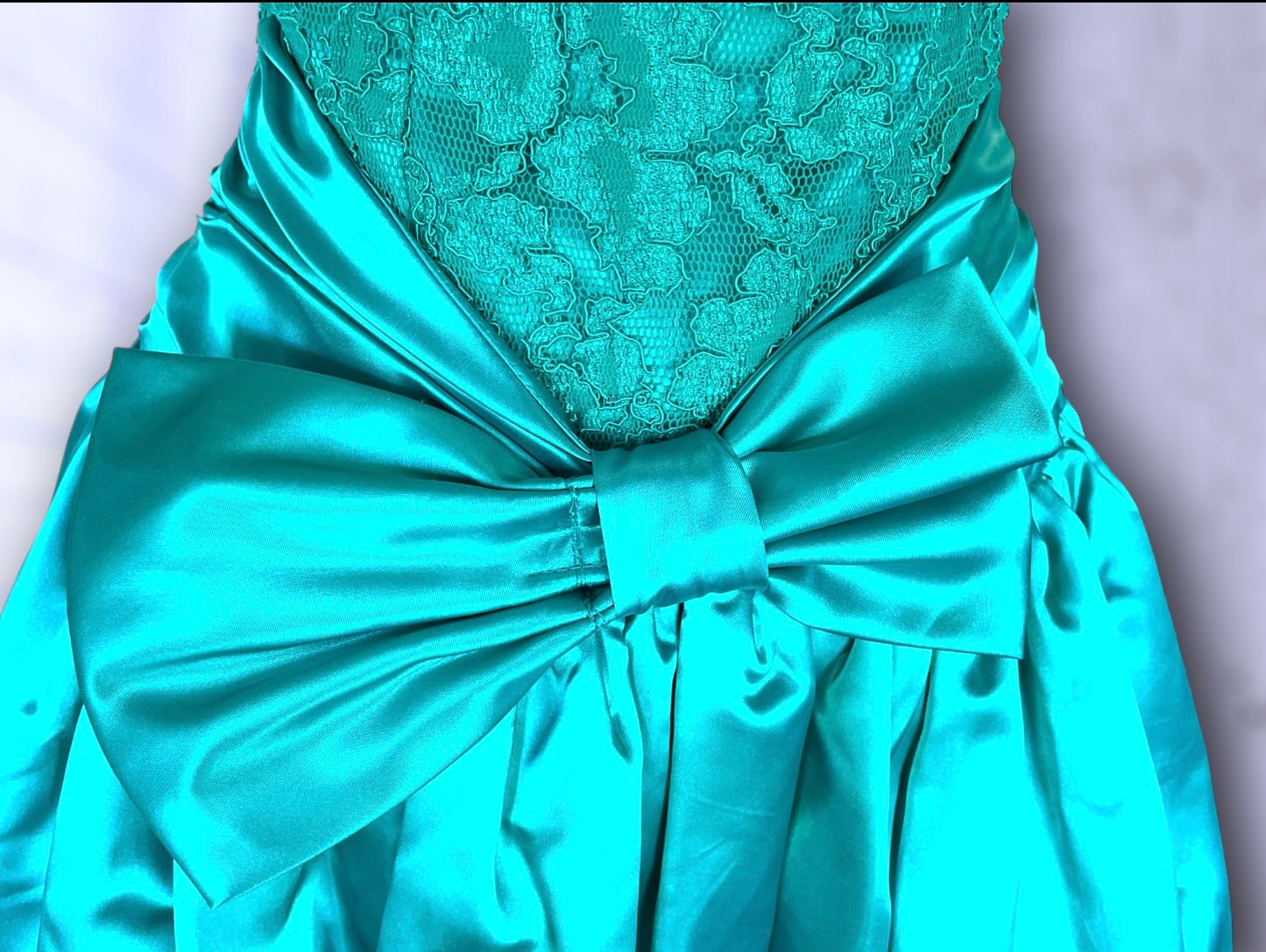 1980’s Turquoise Satin & Lace Strapless Poofy Short Skirt Big Bow Party Dress