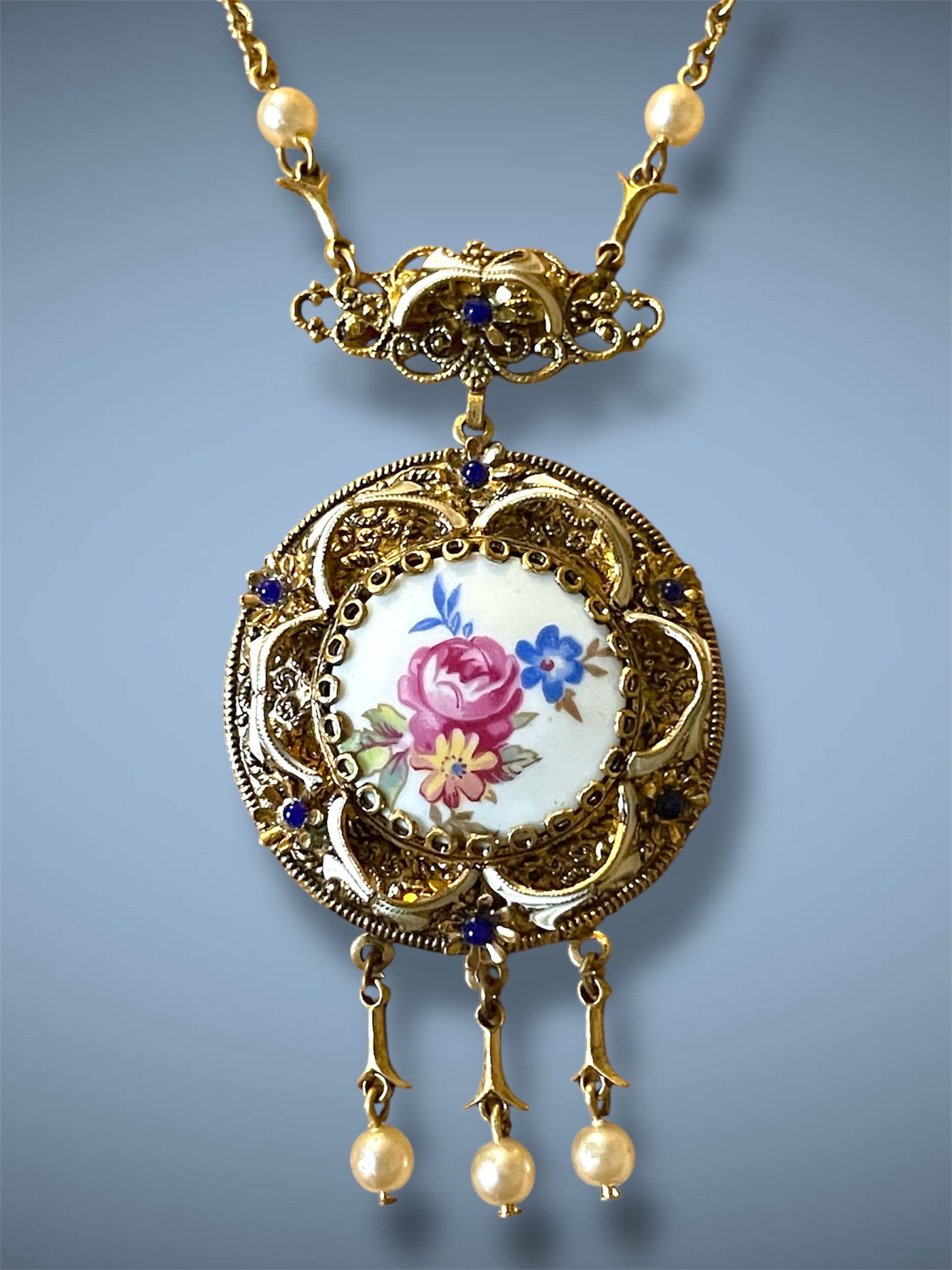 Art Nouveau Gilded Brass Filigree Porcelain Rose Floral Bouquet Limoge, Cloisonné Enamel & Blue Art Glass Necklace
