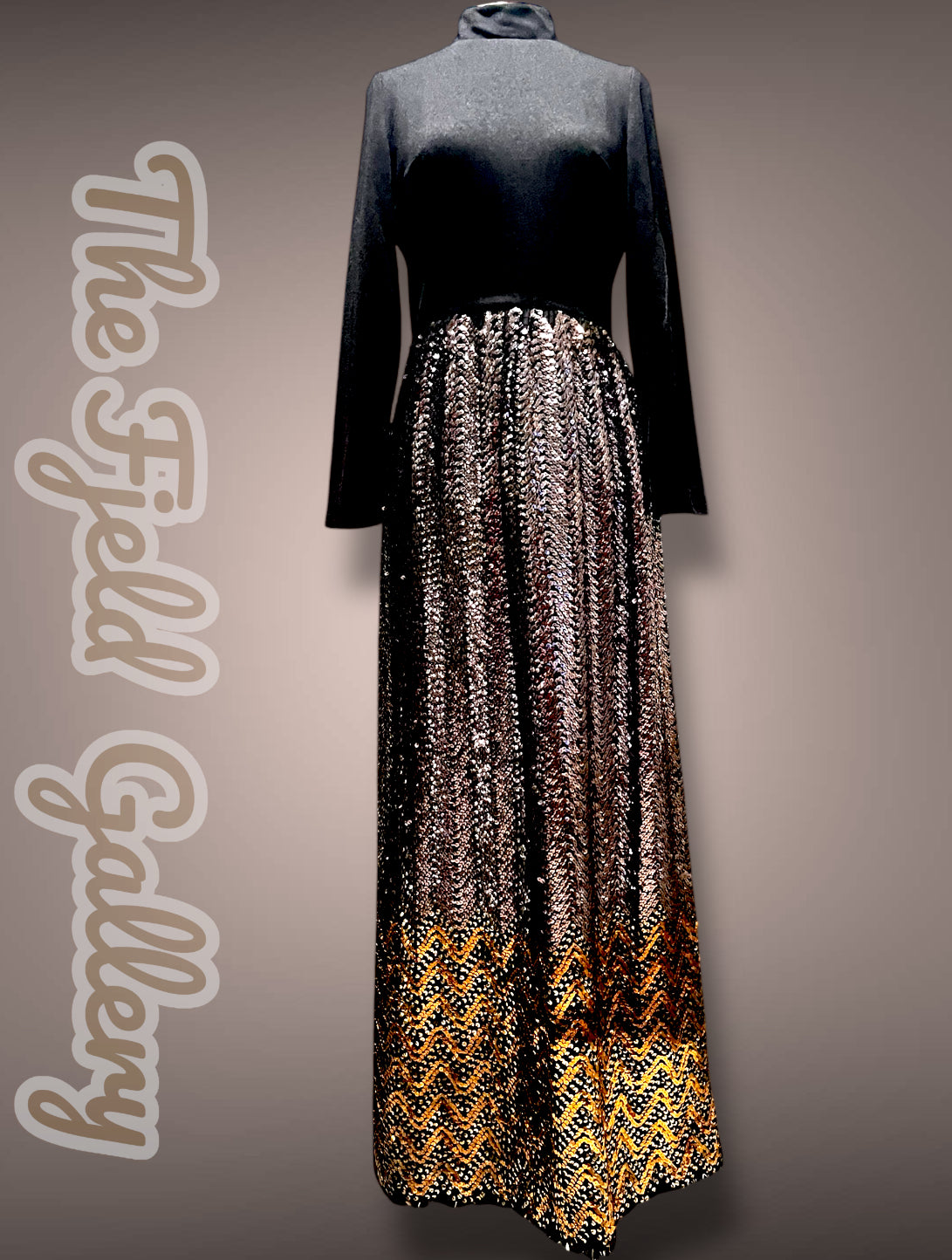 Gorgeous 1960’s Calderón Designer Black Long Sleeve Silver, Gold & Copper Metallic Sequin Maxi Dress