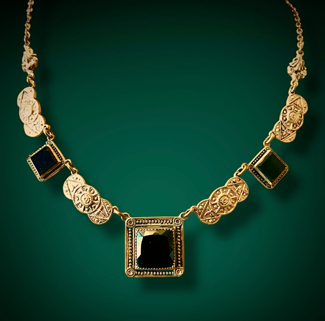 Victorian Rococo Geometric Gilded Brass Black Jet Art Glass Necklace