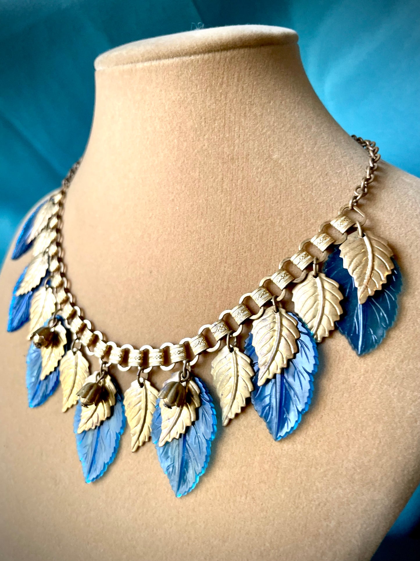 Miriam Haskell Embossed Brass & Turquoise Translucent Early Plastic Leaf & Bell Victorian Booklink Choker Necklace