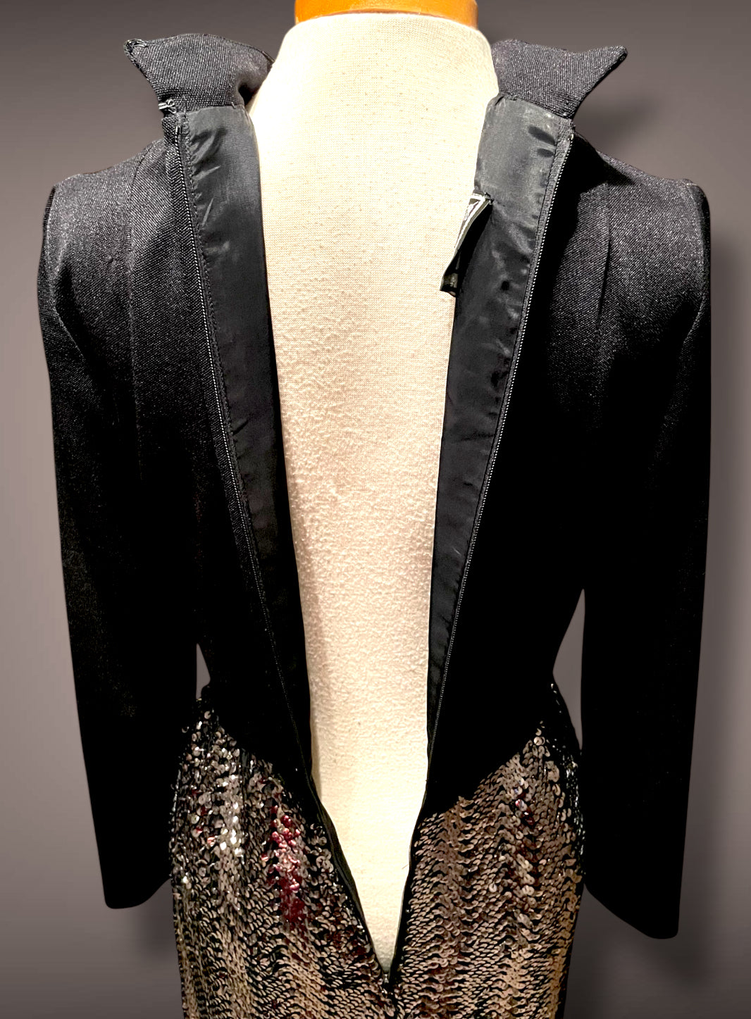 Gorgeous 1960’s Calderón Designer Black Long Sleeve Silver, Gold & Copper Metallic Sequin Maxi Dress