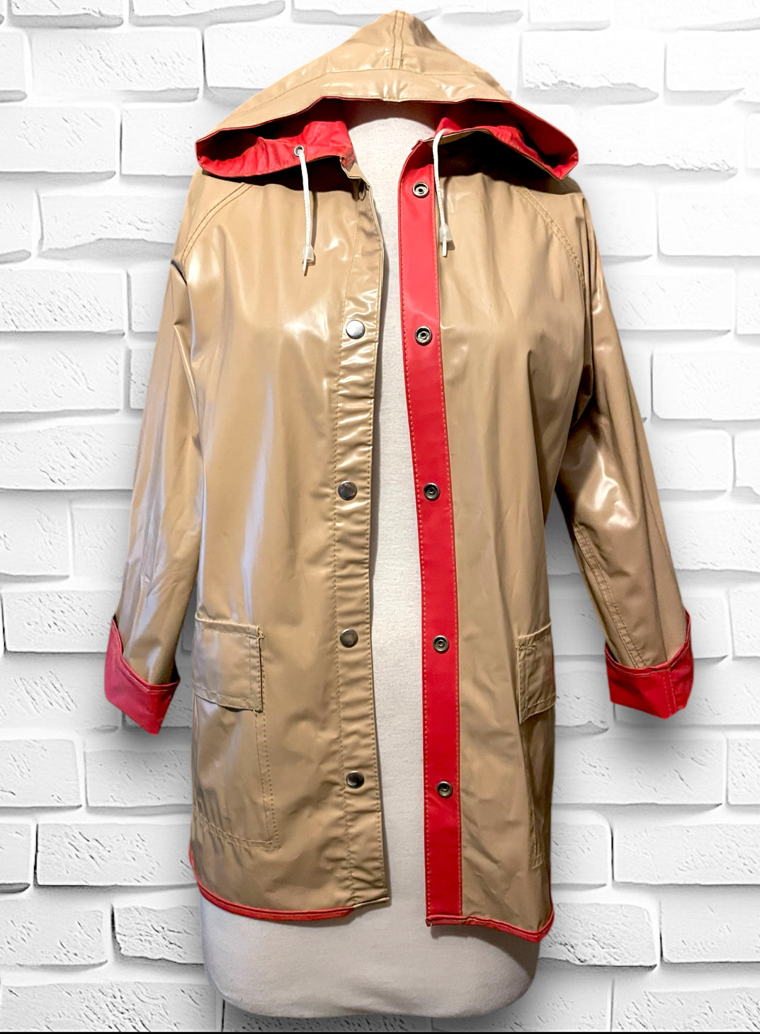 Vintage Reversible Red & Beige Hooded Raincoat Jacket