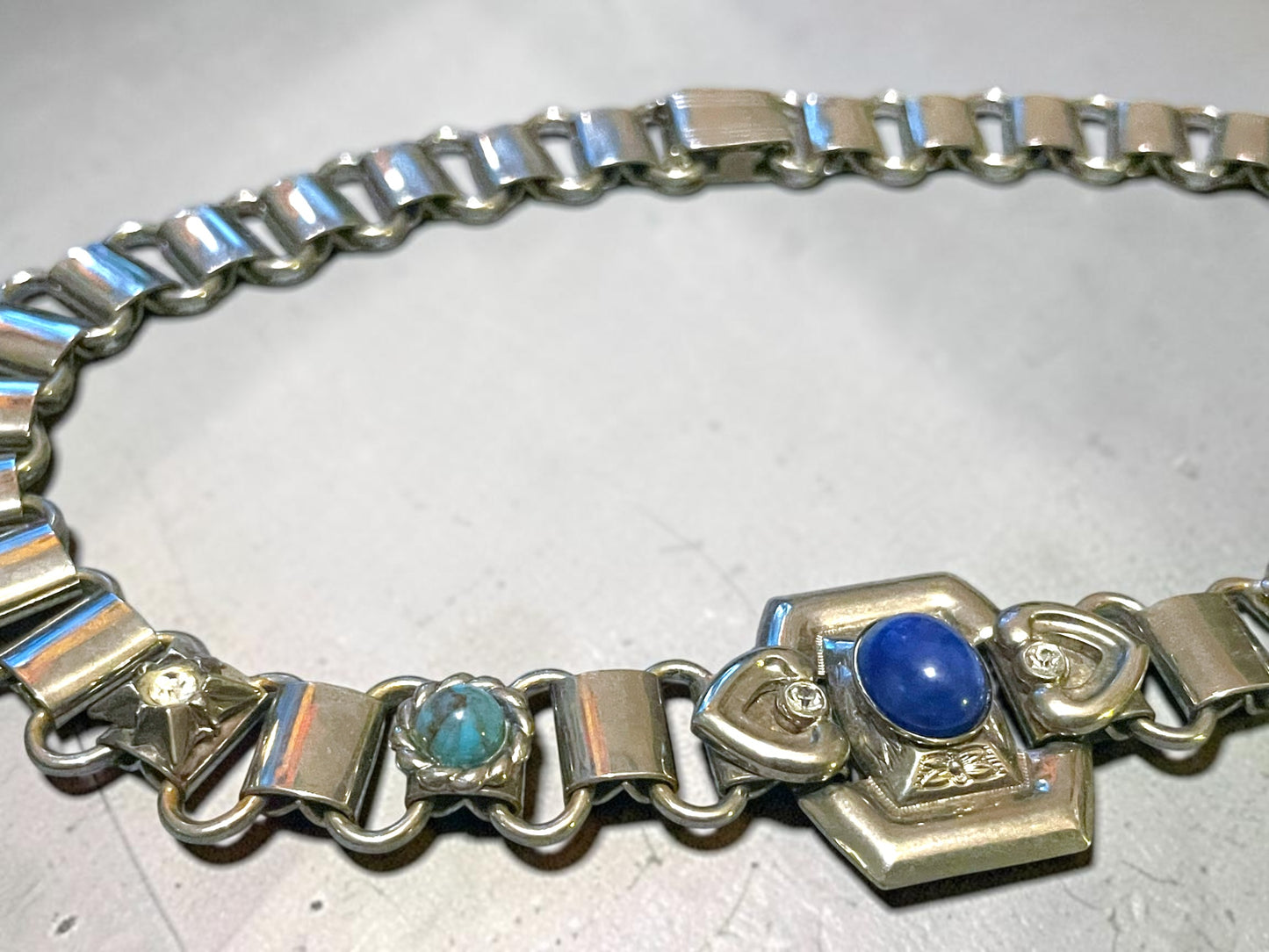Victorian Chunky Silver Book-link Chain, Blue Lapis & Turquoise Art Glass & Crystal Rhinestone Collar Necklace