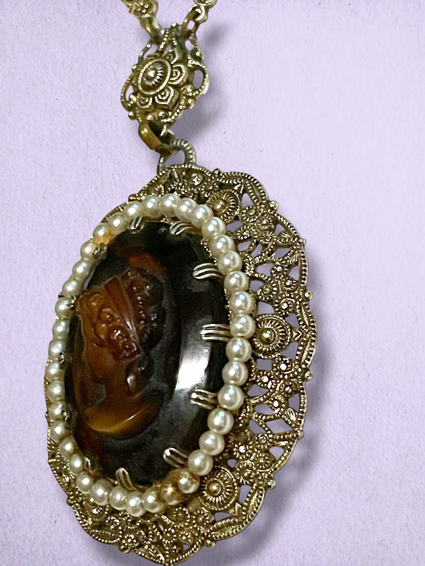 West German Brass Filigree Amber Art Glass Cameo & Pearl Necklace