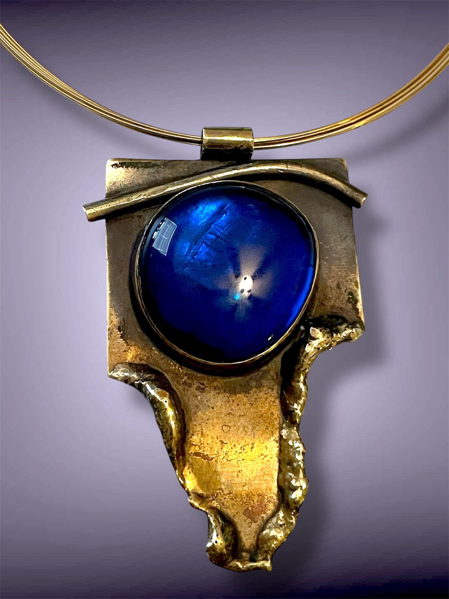 Antique Brass Brutalist Sapphire Blue Foil Art Glass Choker Necklace