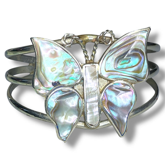 Vintage Sterling Silver Abalone Butterfly Cuff Bracelet