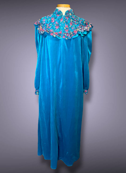 Vintage 1970’s Teal Blue Velour House Coat Dress w Multicolored Floral Lace