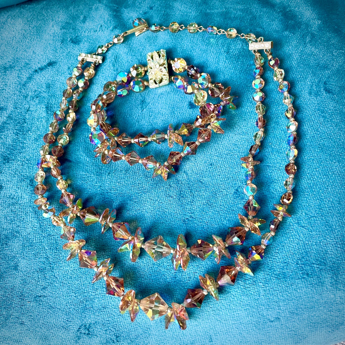 Aurora Borealis Champagne Austrian Crystal Double Strand Necklace & Bracelet Demi Parure