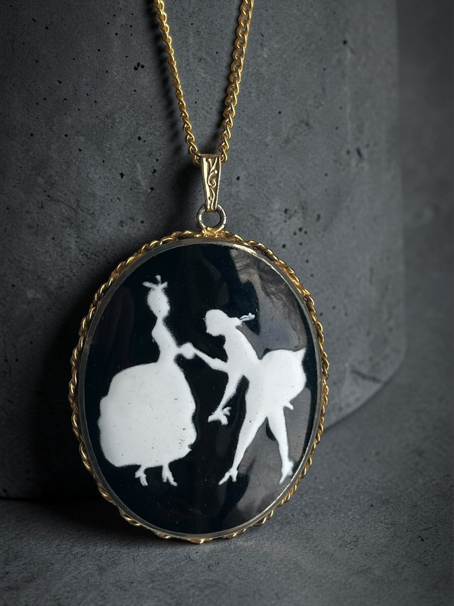 Incredible Victorian Black & White Porcelain Courting Couple Locket Necklace