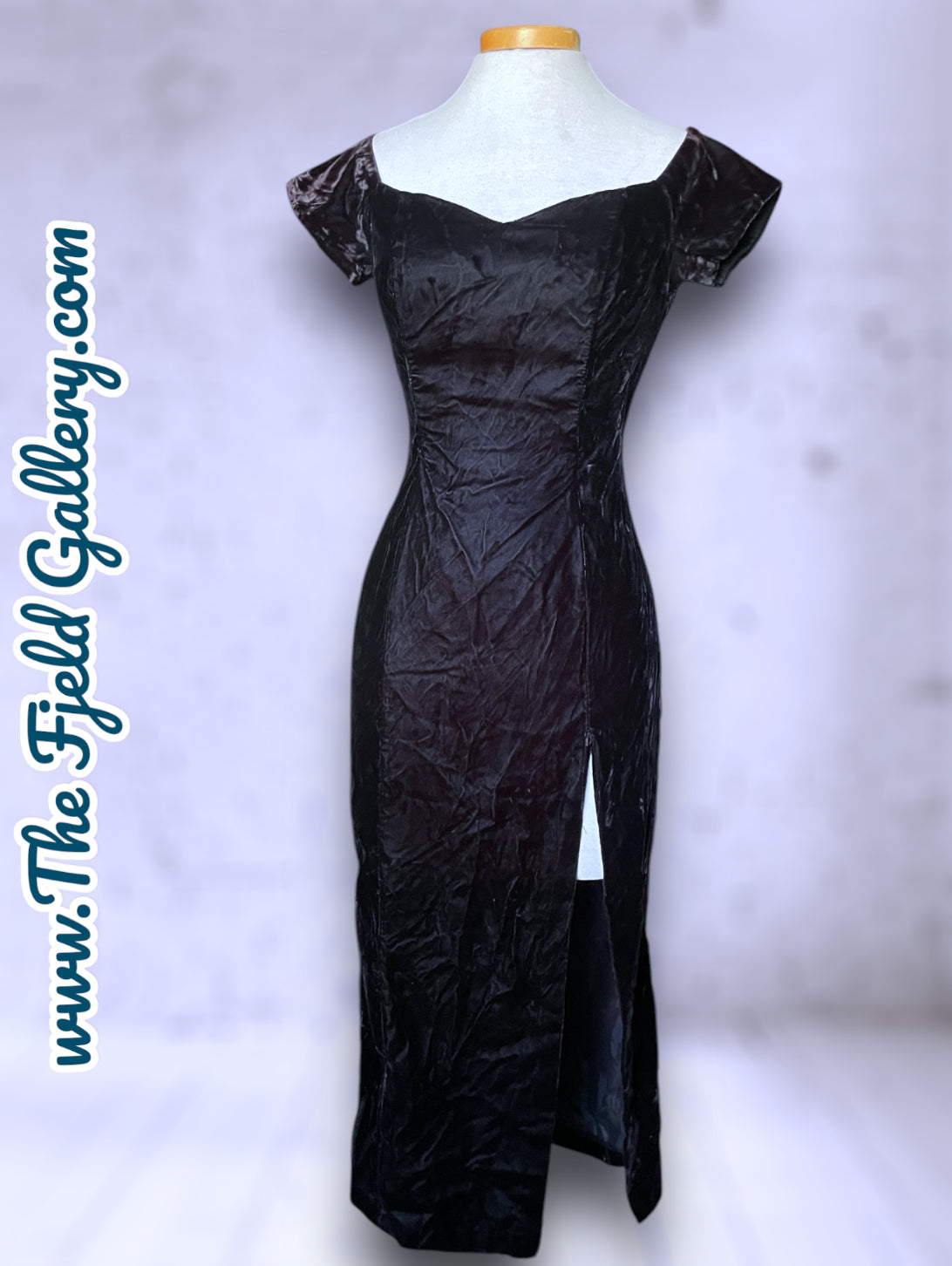 Vintage 1980’s Black Crush Velvet Off the Shoulder High Slit Dress