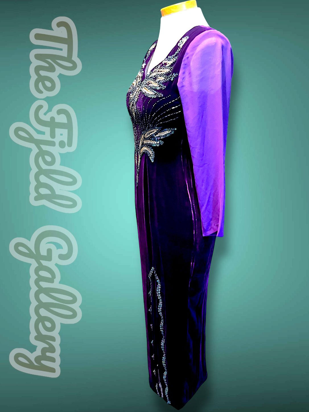 Deep Purple Velvet & Sheer Aurora Borealis Sequin Maxi Gown Dress