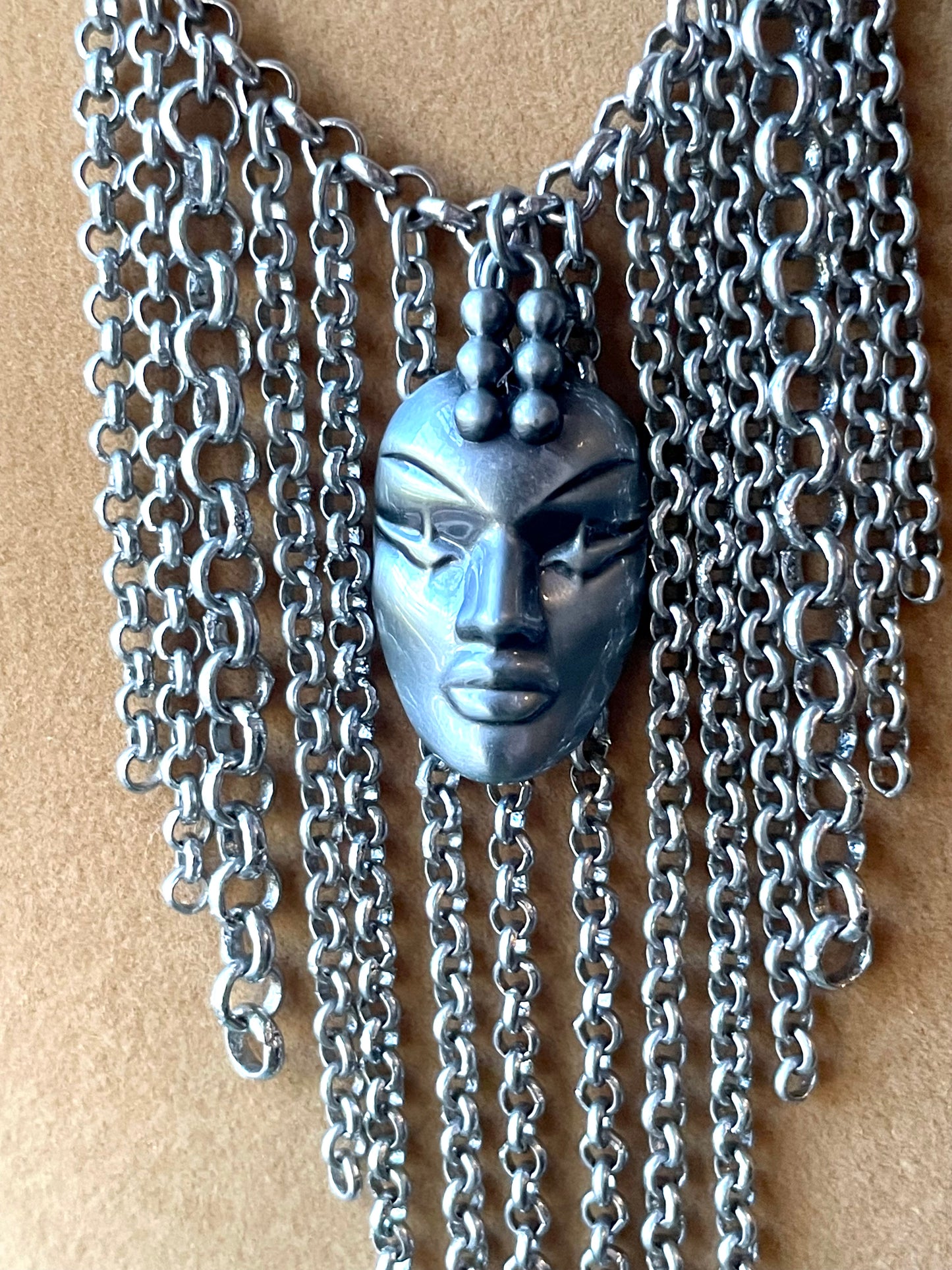 Designer Thierry Mugler Silver Face Fringe Necklace