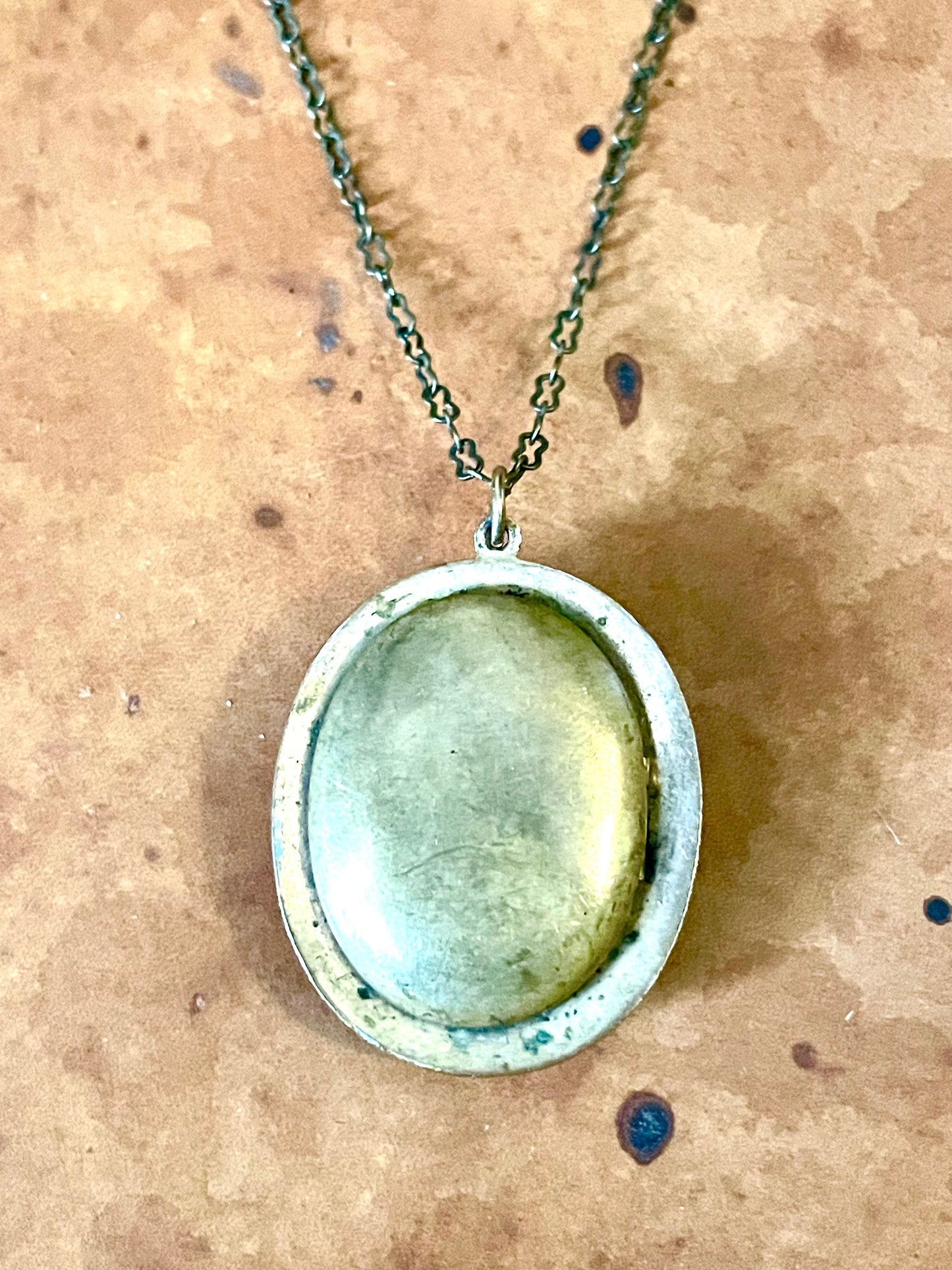 Art Nouveau Brass & Green Enamel Blue Art Glass Cameo Locket Necklace