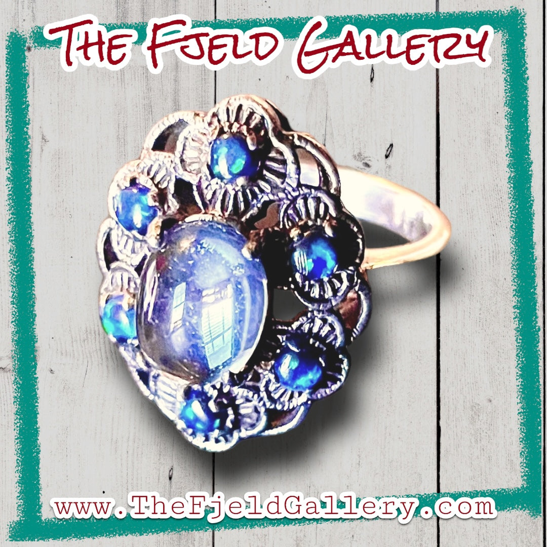 Aquamarine & Blue Fire Opal Floral Filigree Sterling Silver Ring