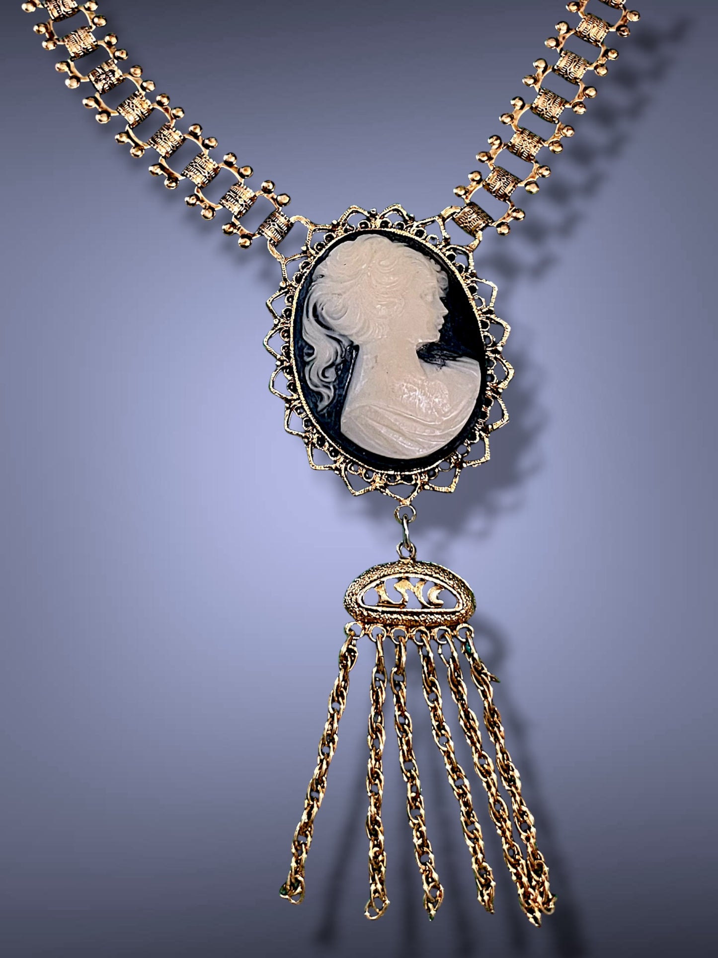 Victorian Gold Book Link Chain Black & Cream Mourning Cameo Designer Signed Necklace
