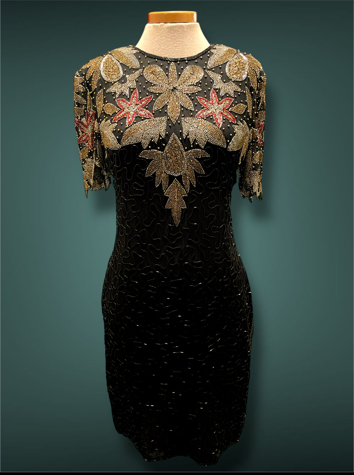 Vintage 1980’s Silk NYE Gold Silver Red & Black Glass Bead Short Dress