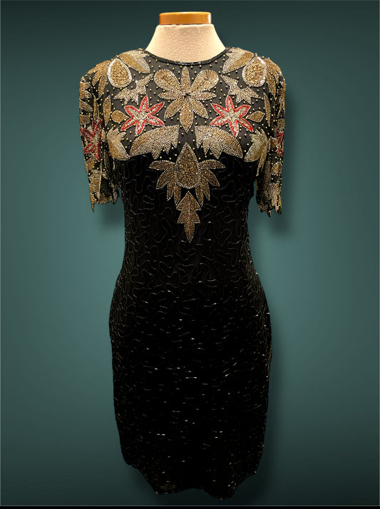Vintage 1980’s Silk NYE Gold Silver Red & Black Glass Bead Short Dress